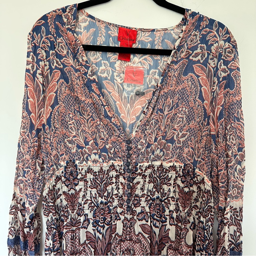 V Cristina Bohemian (XL) Sheer Embellished Tunic Top/Dress - Longsleeve, Printed - Picture 2 of 9